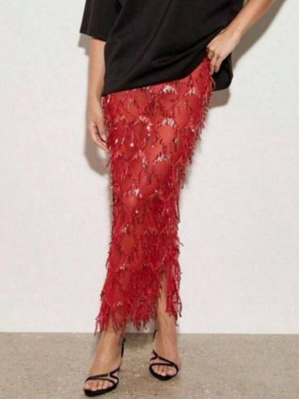 Red Casual Women's High Waist Sheer Mesh Fringe Sequin See Through Maxi Skirt